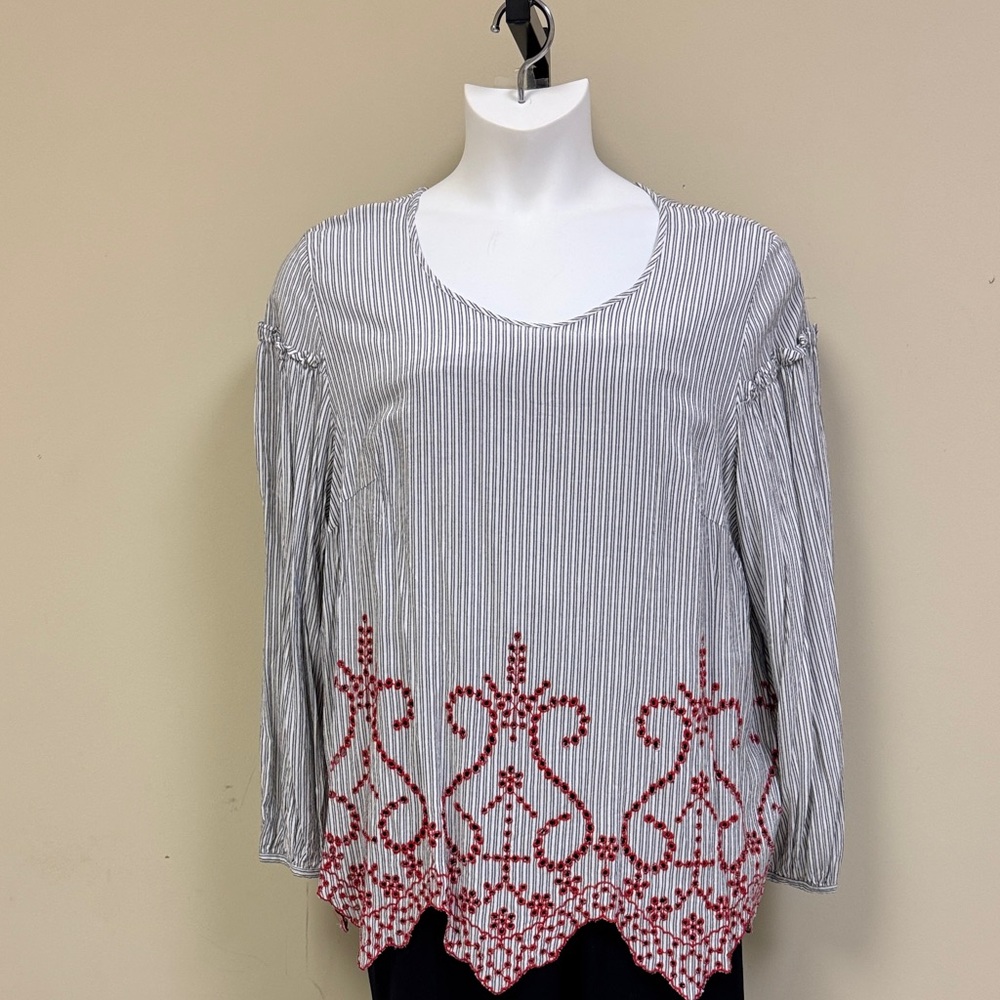 Marina Rinaldi Gray Striped Blouse with Red Embroidery